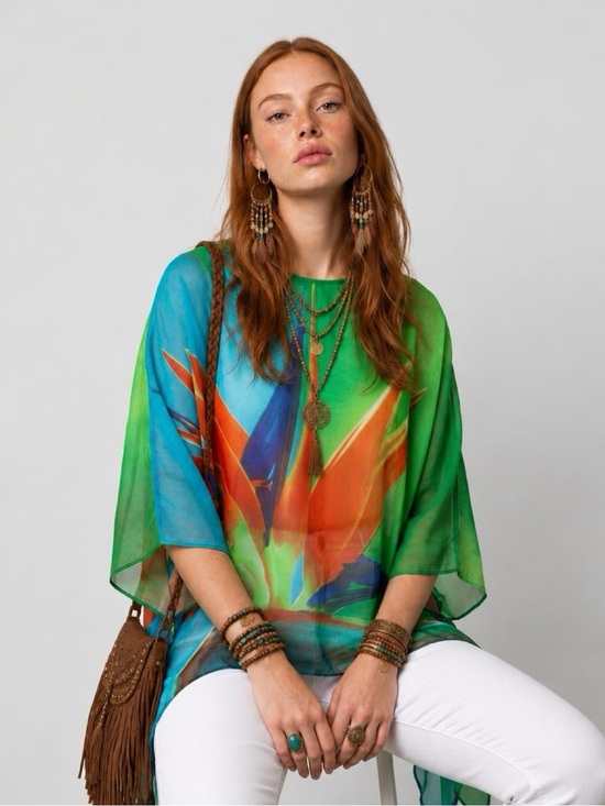Jade Tops - Unique Vintage Style Tropical Bird of Paradise Print Sheer Poncho Top